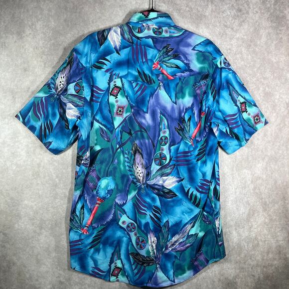 Vintage Roper Shirt Mens Large 16.5 Blue Feather Print Tropical Hawaiian Beach - Picture 4 of 8